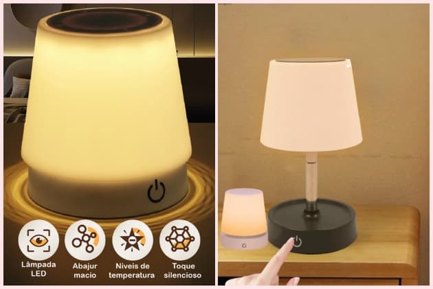 Kit 4 Abajur LED Recarregável Retrátil de Aço Luz Neutra Ajustável 3 Tons USB Sala/Escritório/Quarto
