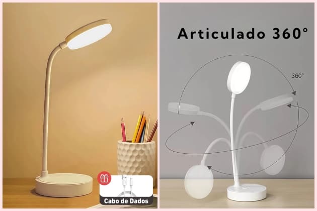 Luminária de Mesa LED Recarregável com Haste Flexível Touch–Abajur USB Sem Fio para Leitura e Quarto
