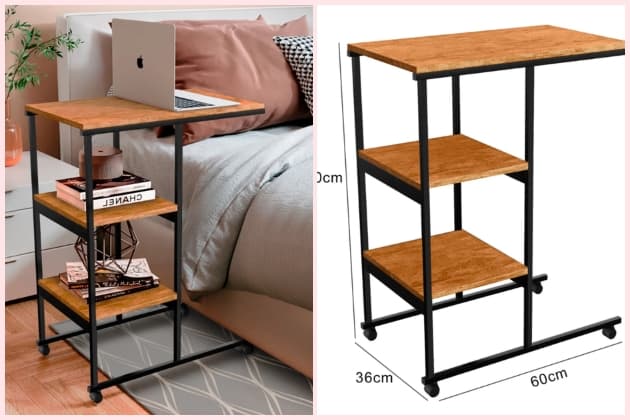 Mesa de Apoio Auxiliar Carrinho Lateral com Rodinhas Mesinha Apoio de Notebook Cama Sofá Ferro e MDF